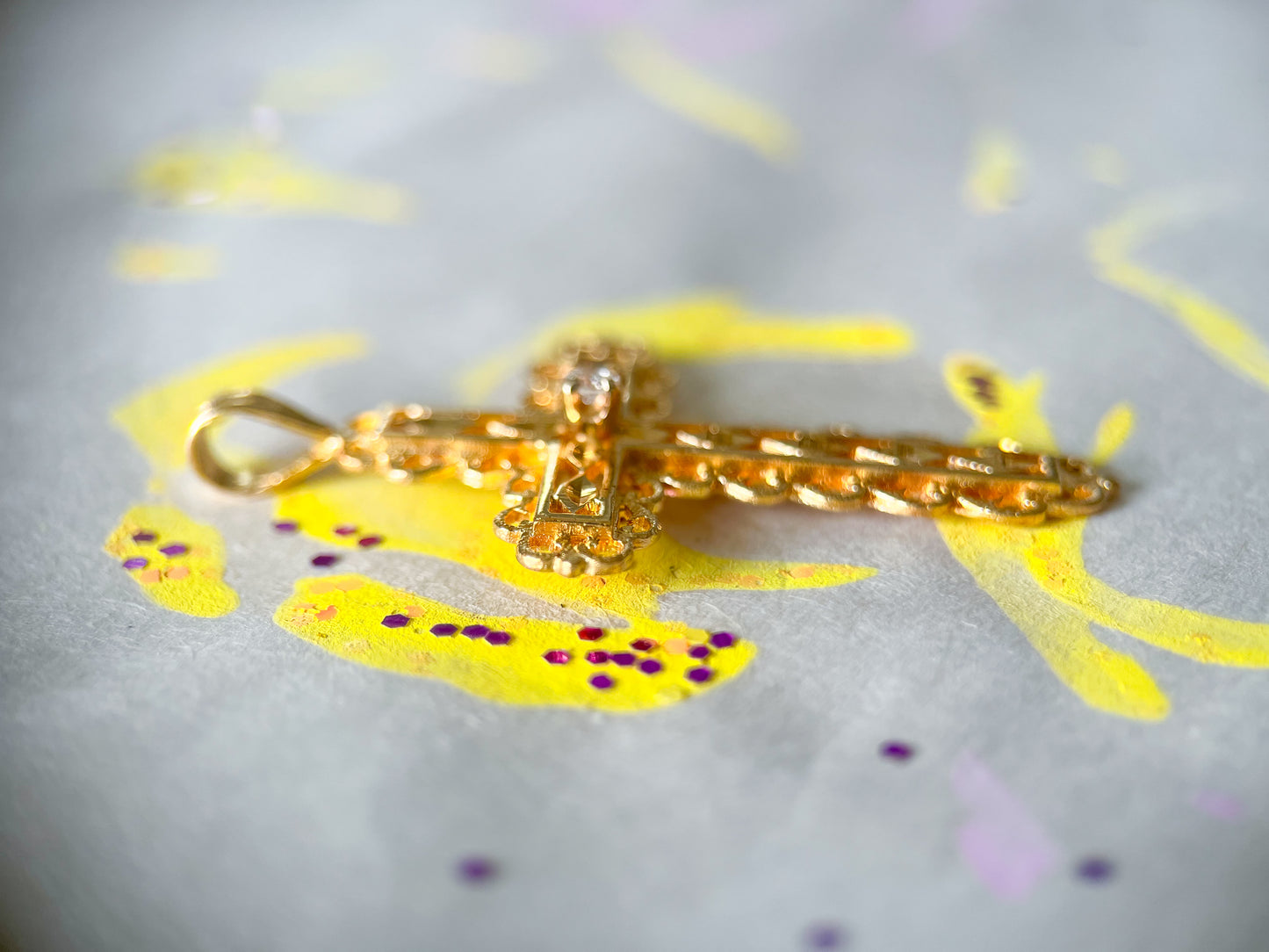 Vintage Natural Diamond Cross 14k Yellow Gold Charm