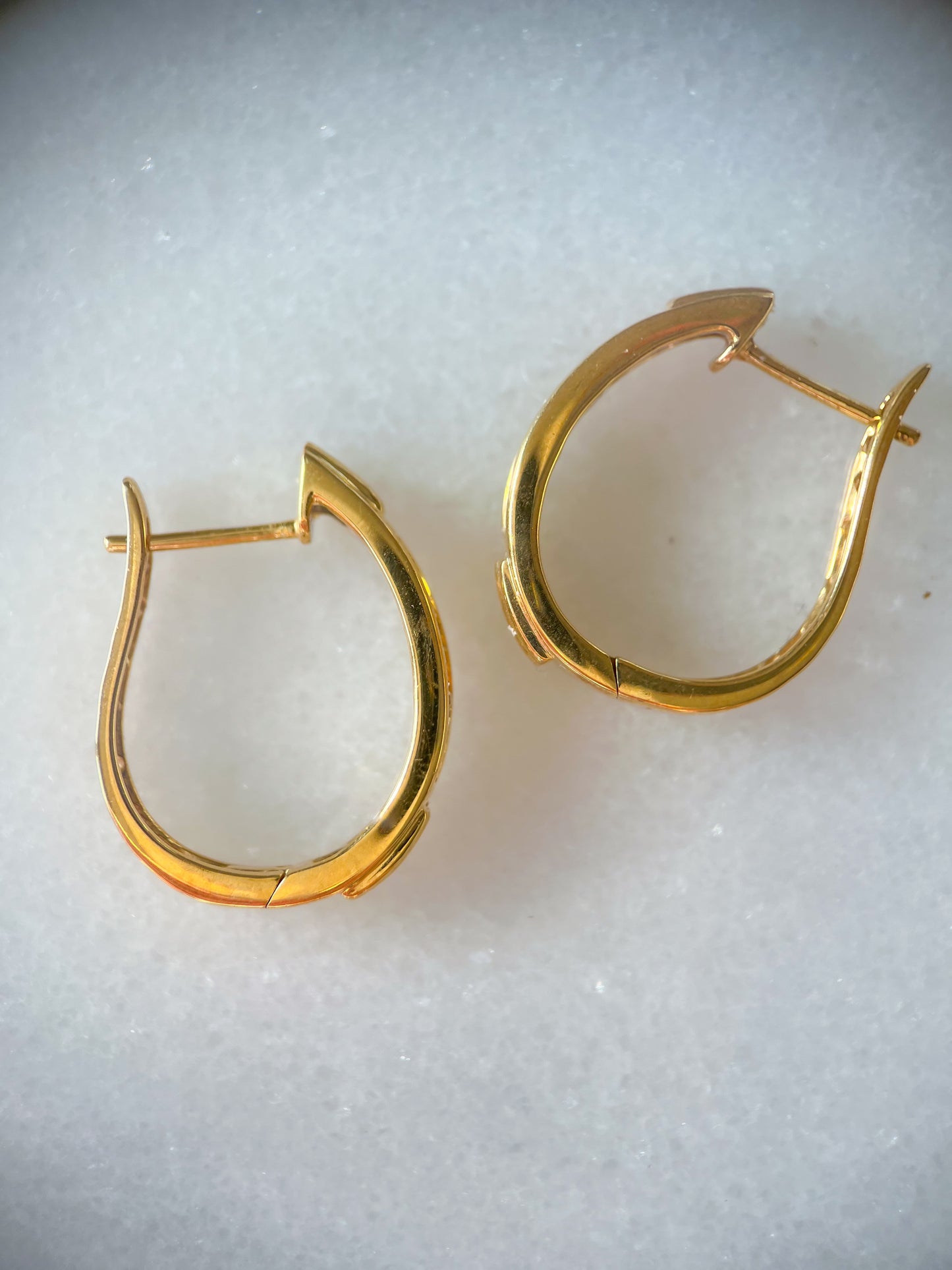 Natural Princess Cut Diamonds 14k Yellow Gold Hoop Earrings with Heart Cut Outs in Back