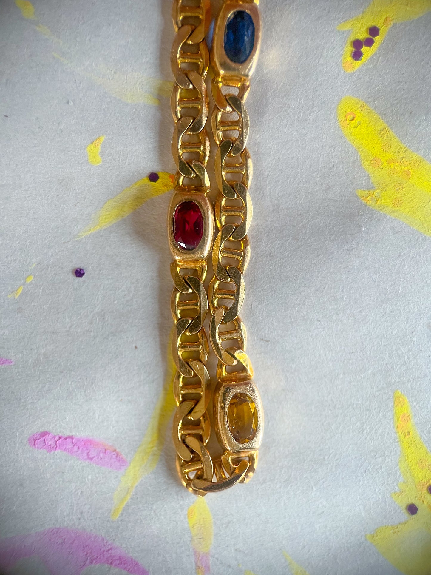 Vintage Multi Gemstone (Synthetic) 14k Yellow Gold Mariner Chain 8 Inch Bracelet