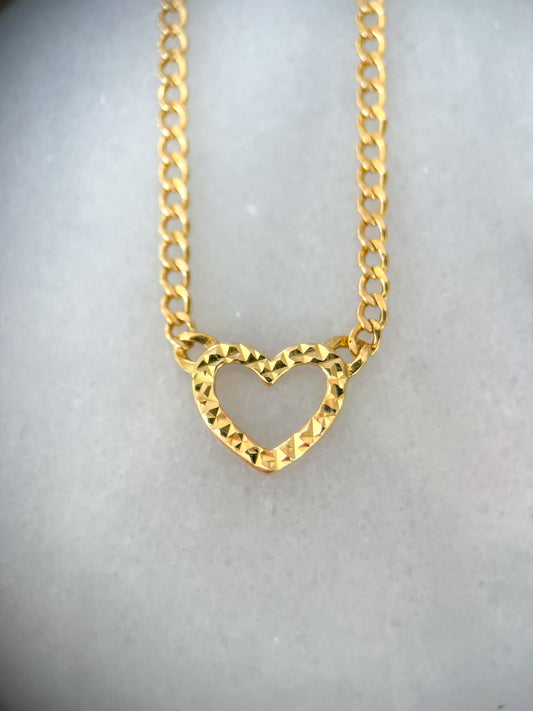 Vintage Open Heart Charm on Chain 10k Yellow Gold Necklace