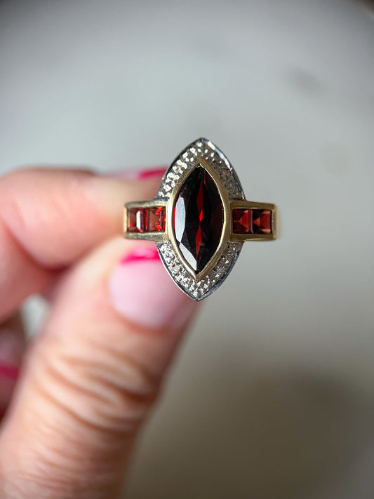 Vintage Natural Marquise Garnet and Diamond 10k Yellow Gold Ring