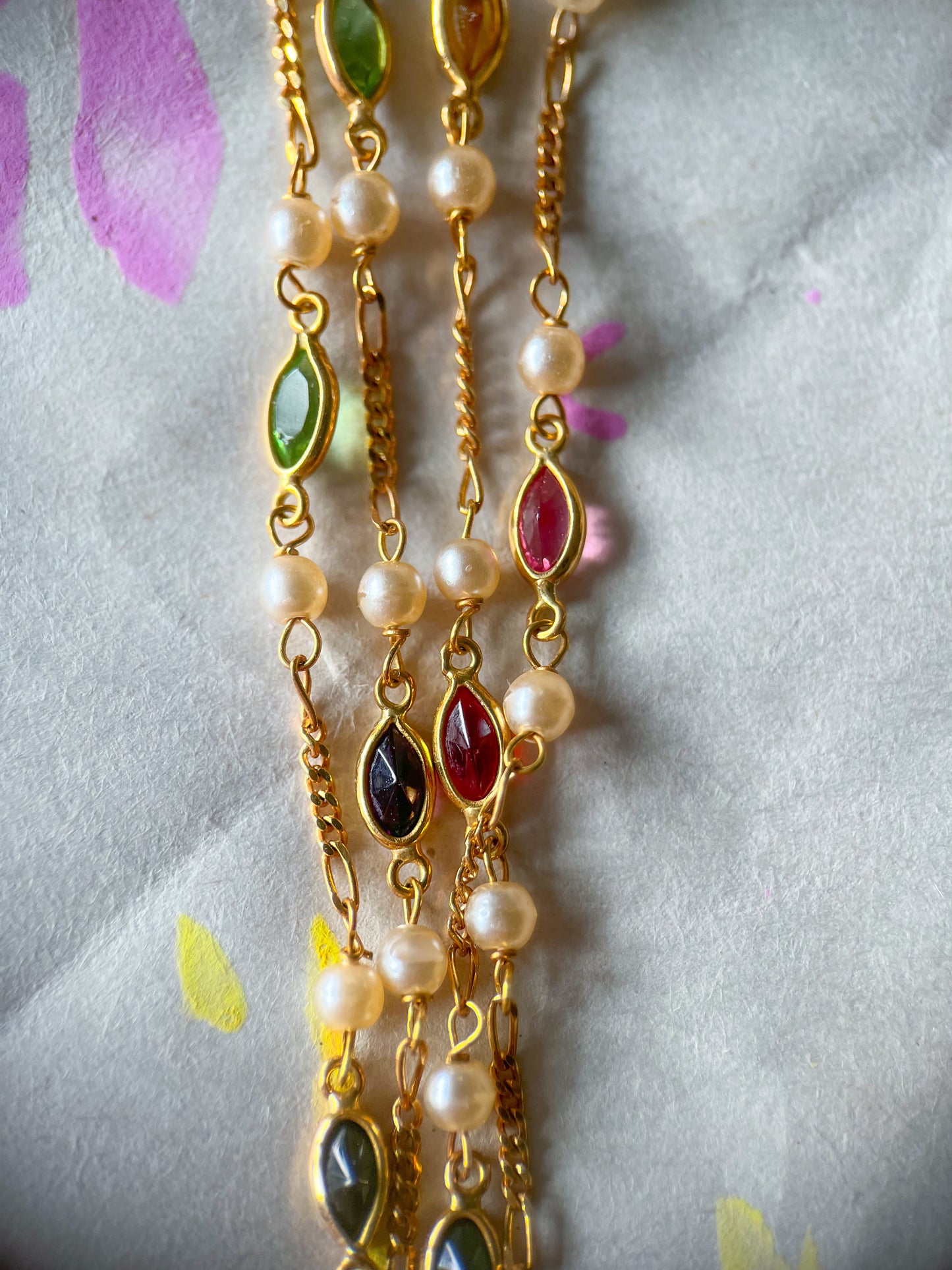 Vintage Pearl and Natural Gemstone 18k Yellow Gold 16 Inch Chain Necklace