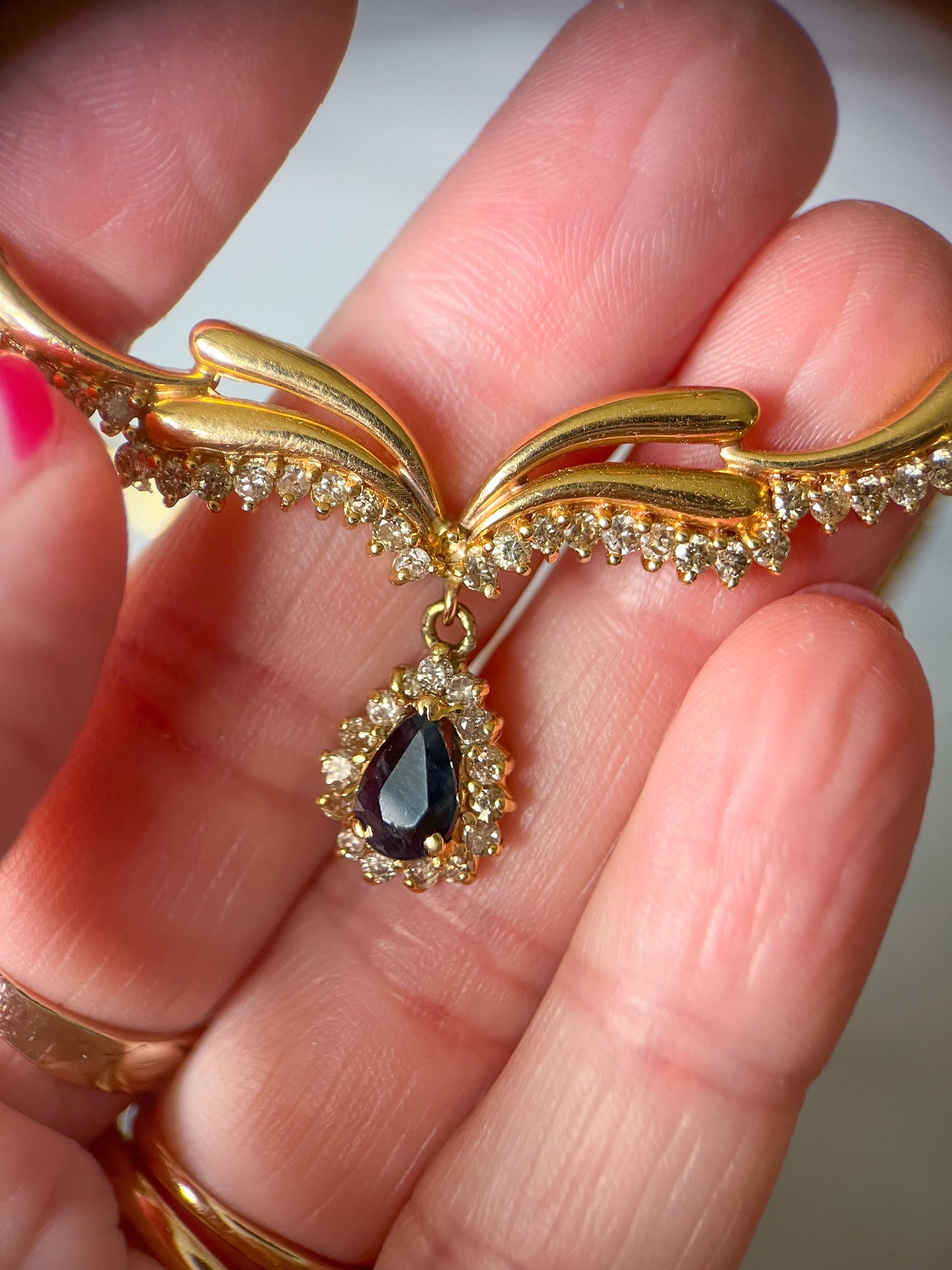 Vintage Natural Diamond, Emerald and Sapphire Pendant 14k Yellow Gold Necklaces