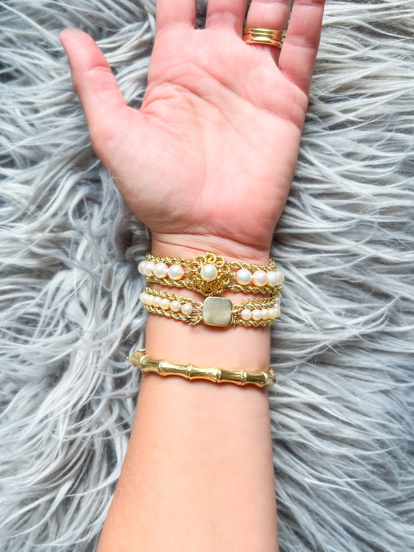 Various Vintage Pearl and Rope Chain 14k Yellow Gold Bracelets