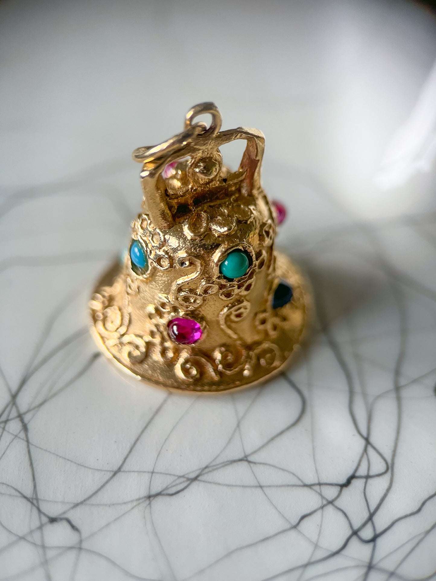 Vintage Bell with Gemstones and Pearls 14k Yellow Gold Charms, circa 1950s