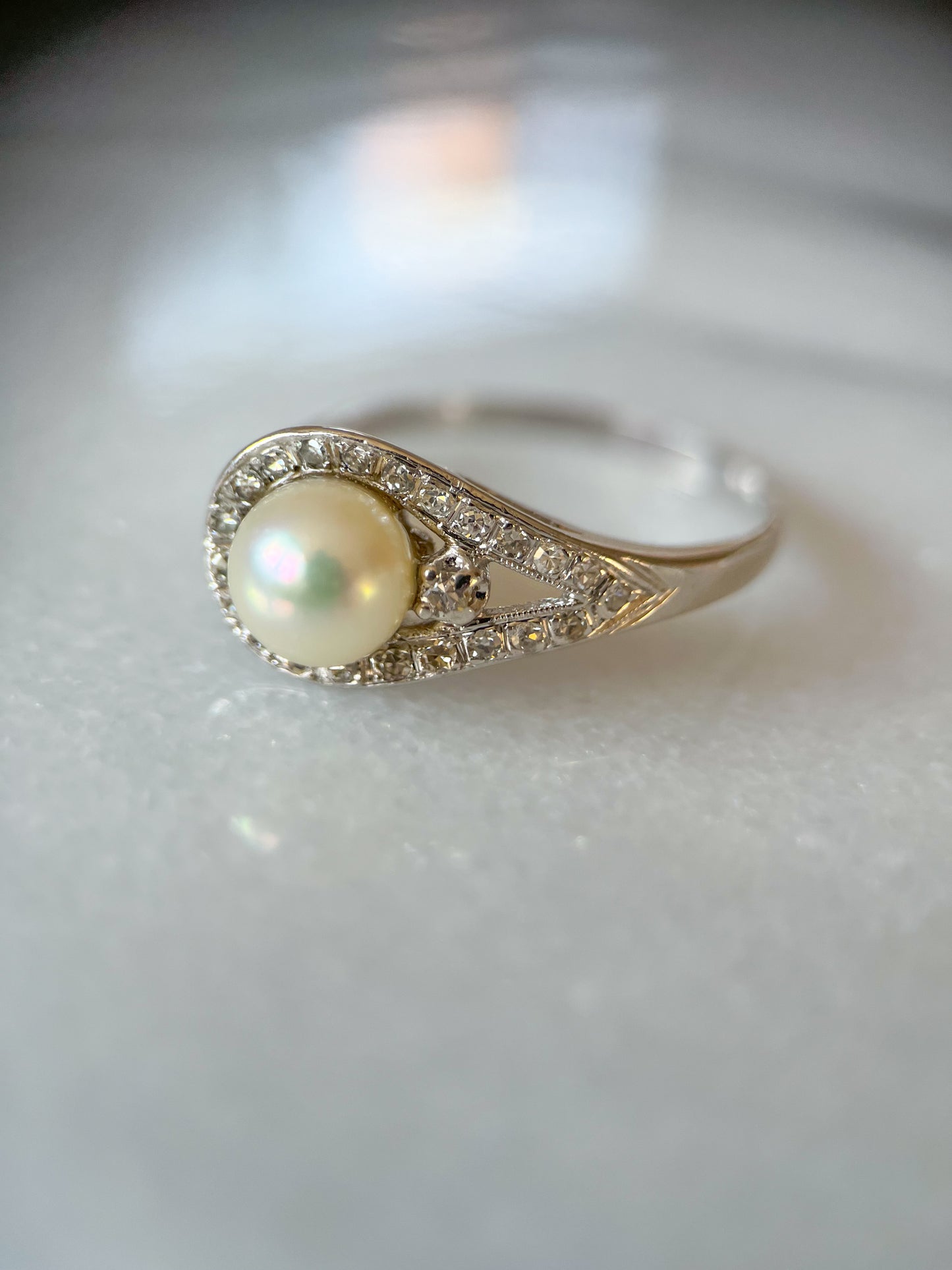 Vintage Natural Pearl and Natural Diamond 14k White Gold Statement Ring