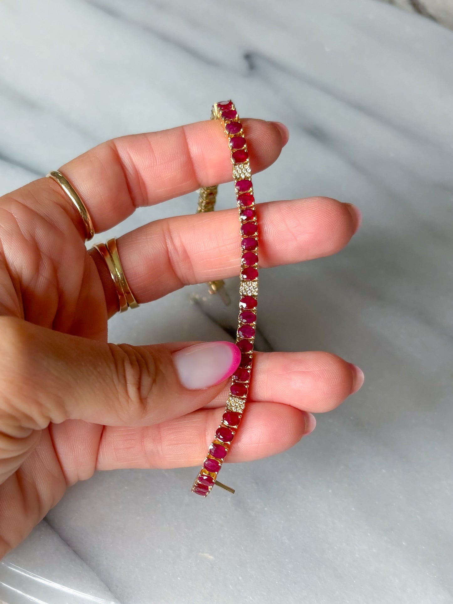 Natural Ruby and Diamond 14k Yellow Gold 6.5 Inch Tennis Bracelet