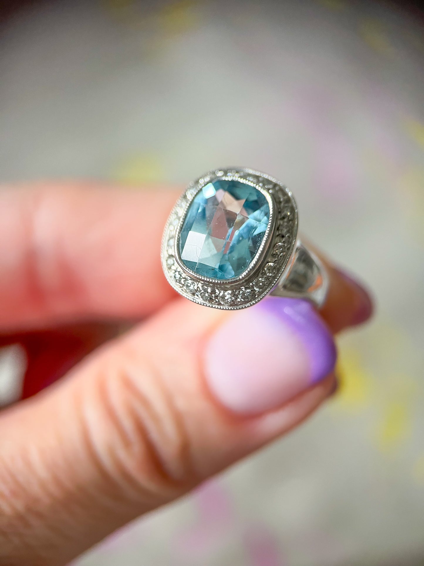 Vintage Natural Aquamarine Cushion Cut and Diamond 18k White Gold Ring
