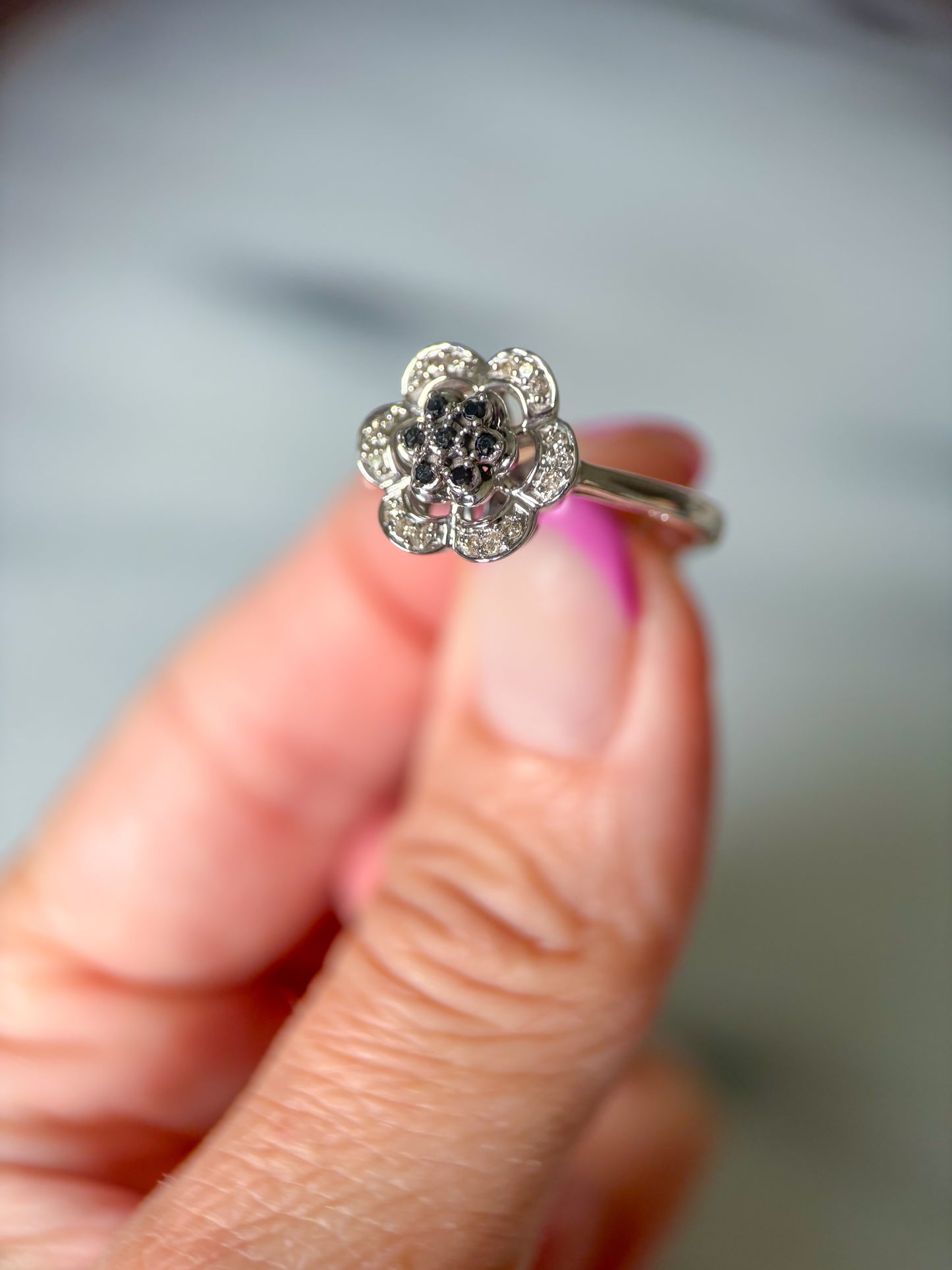 Vintage Natural Black Diamond Flower 14k White Gold Ring