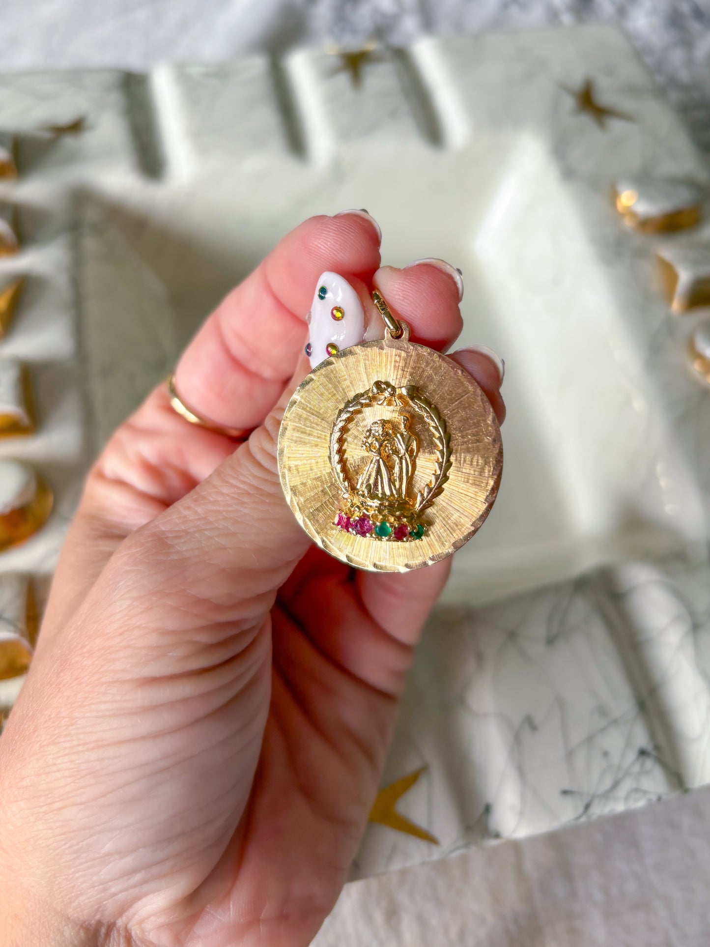 Vintage Large Circular Pendant Bride and Groom 14k Yellow Gold Charm