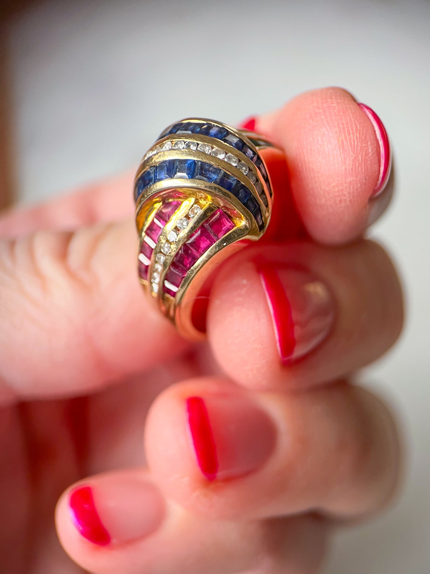 Vintage 14k Yellow Gold Natural Sapphire, Ruby, Emerald and Diamond Ring, circa 1990s