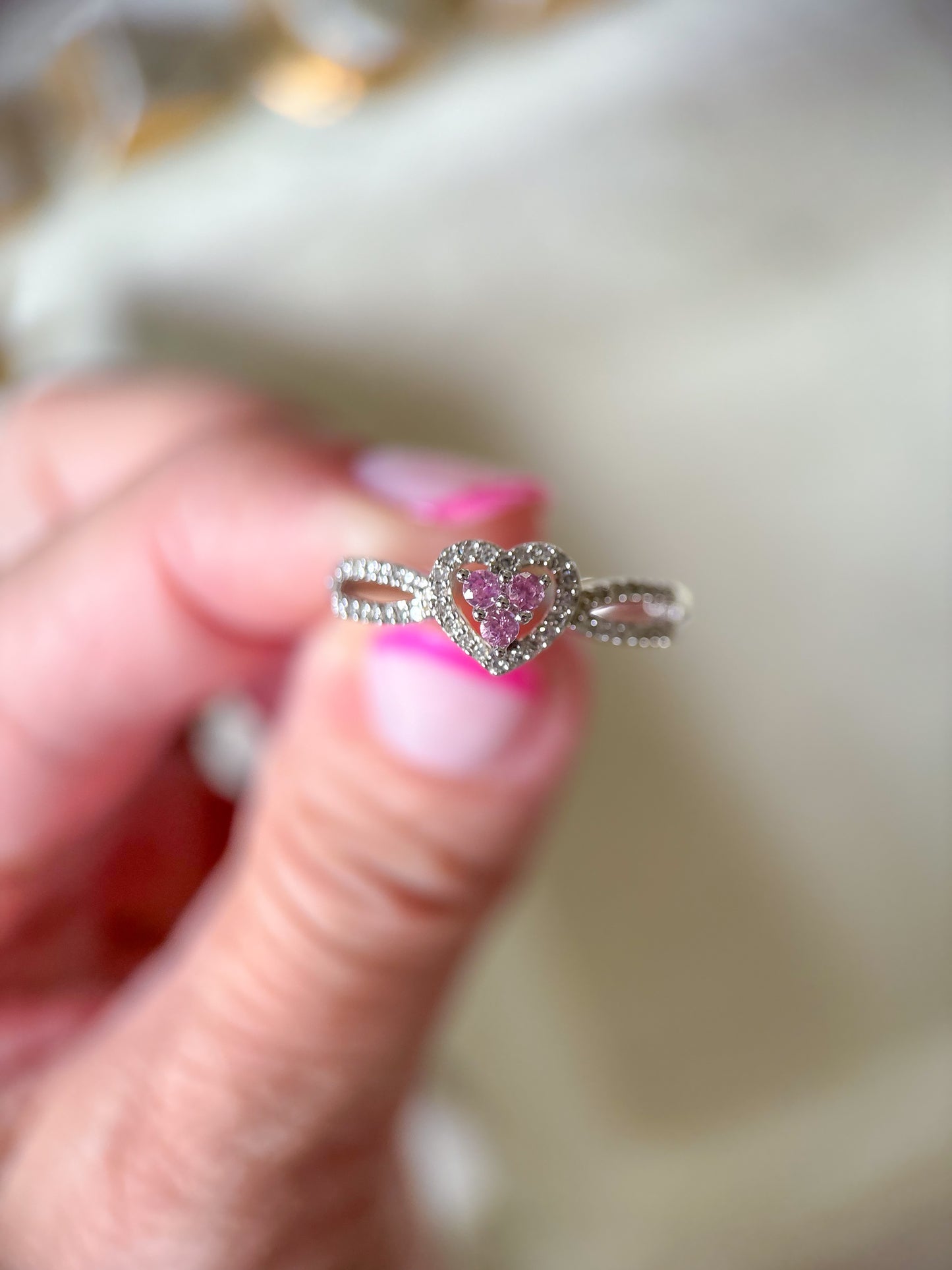Vintage Natural Diamond and Synthetic Pink Topaz Heart 14k White Gold Ring