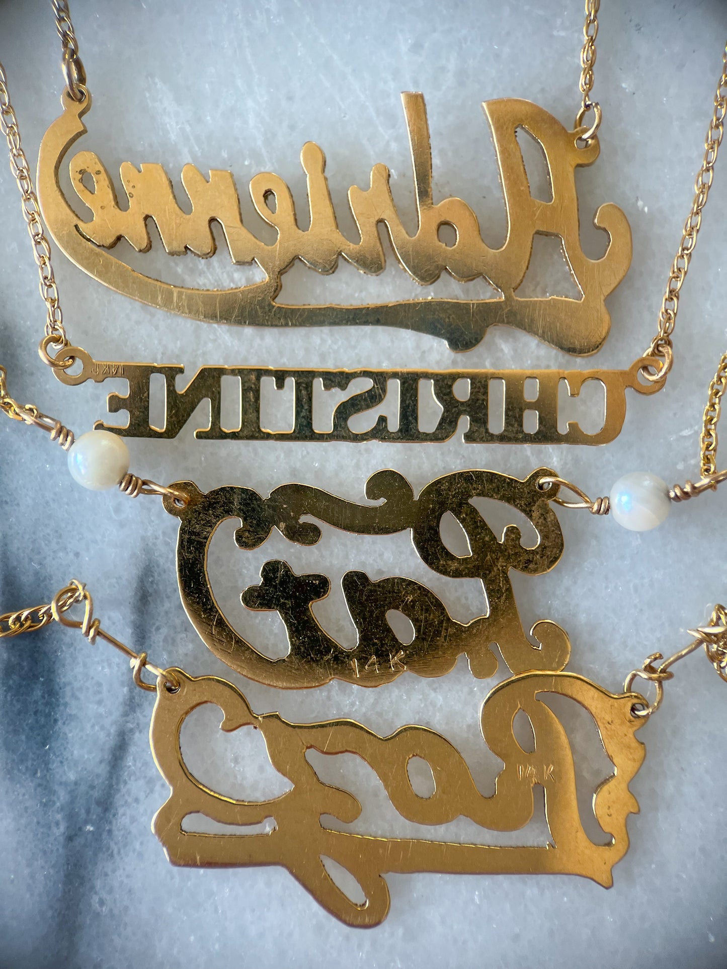 Vintage Name Plate Necklaces - "Adrienne", "Christine", "Pat", "Roz" - 14k Yellow Gold Charms