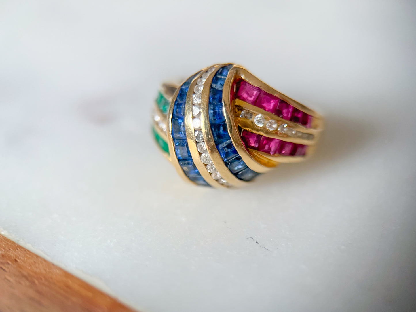 Vintage 14k Yellow Gold Natural Sapphire, Ruby, Emerald and Diamond Ring, circa 1990s
