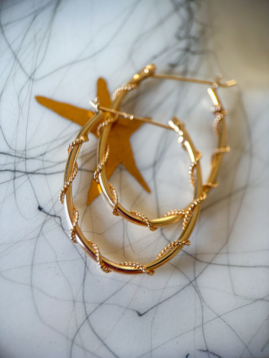 Vintage Thin Oval Hoop with Rope Detail 14k Yellow Gold Earrings