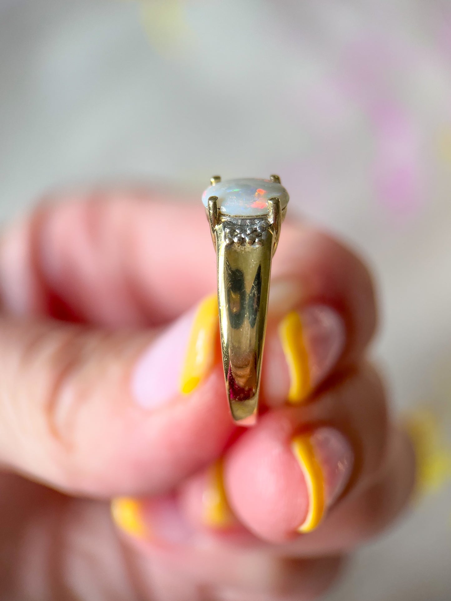 Vintage Natural Opal and Natural Diamond 10k Yellow Gold Ring
