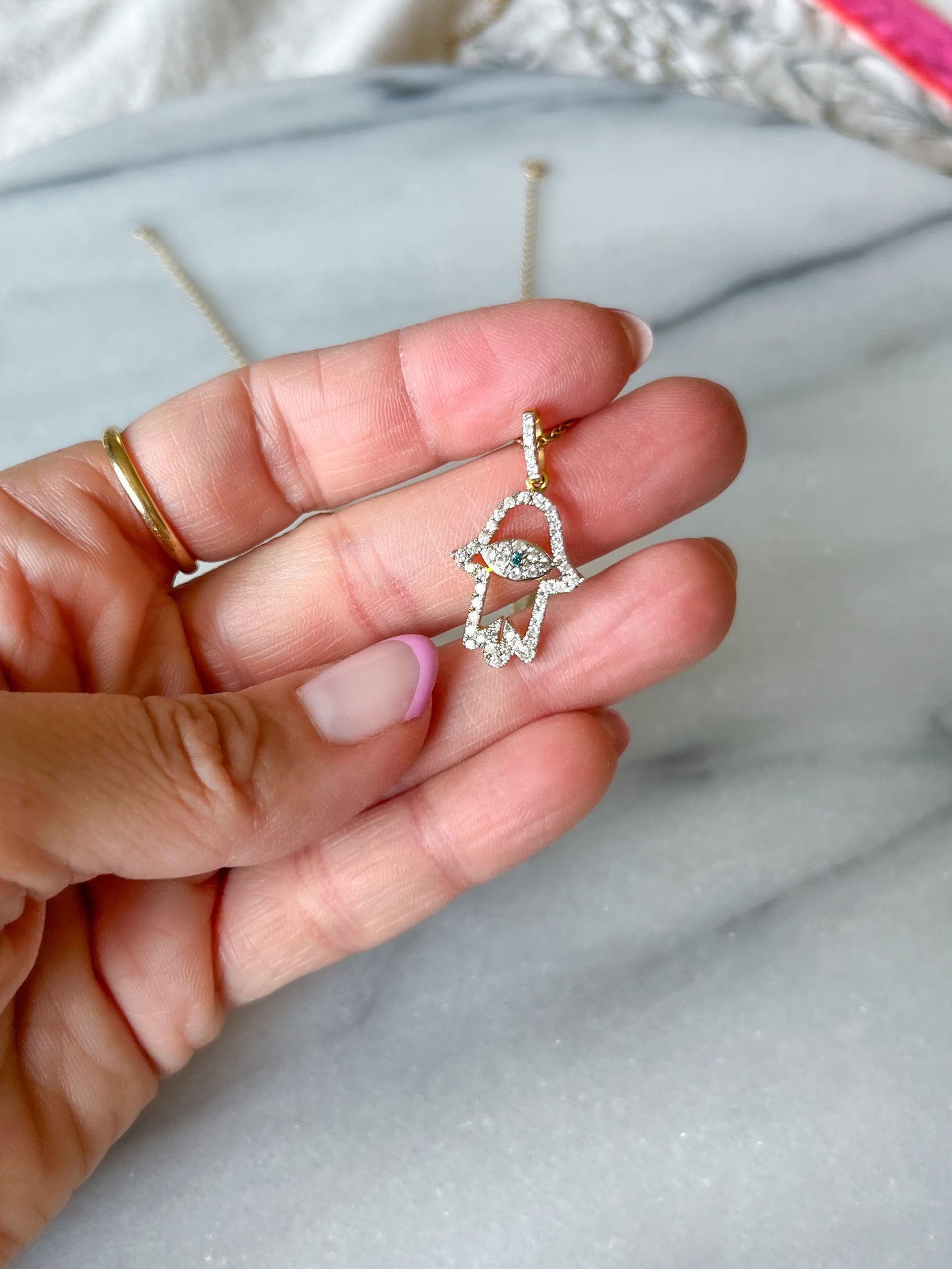 Hamsa Charm with Natural Diamonds and Natural Sapphire 14k Yellow Gold
