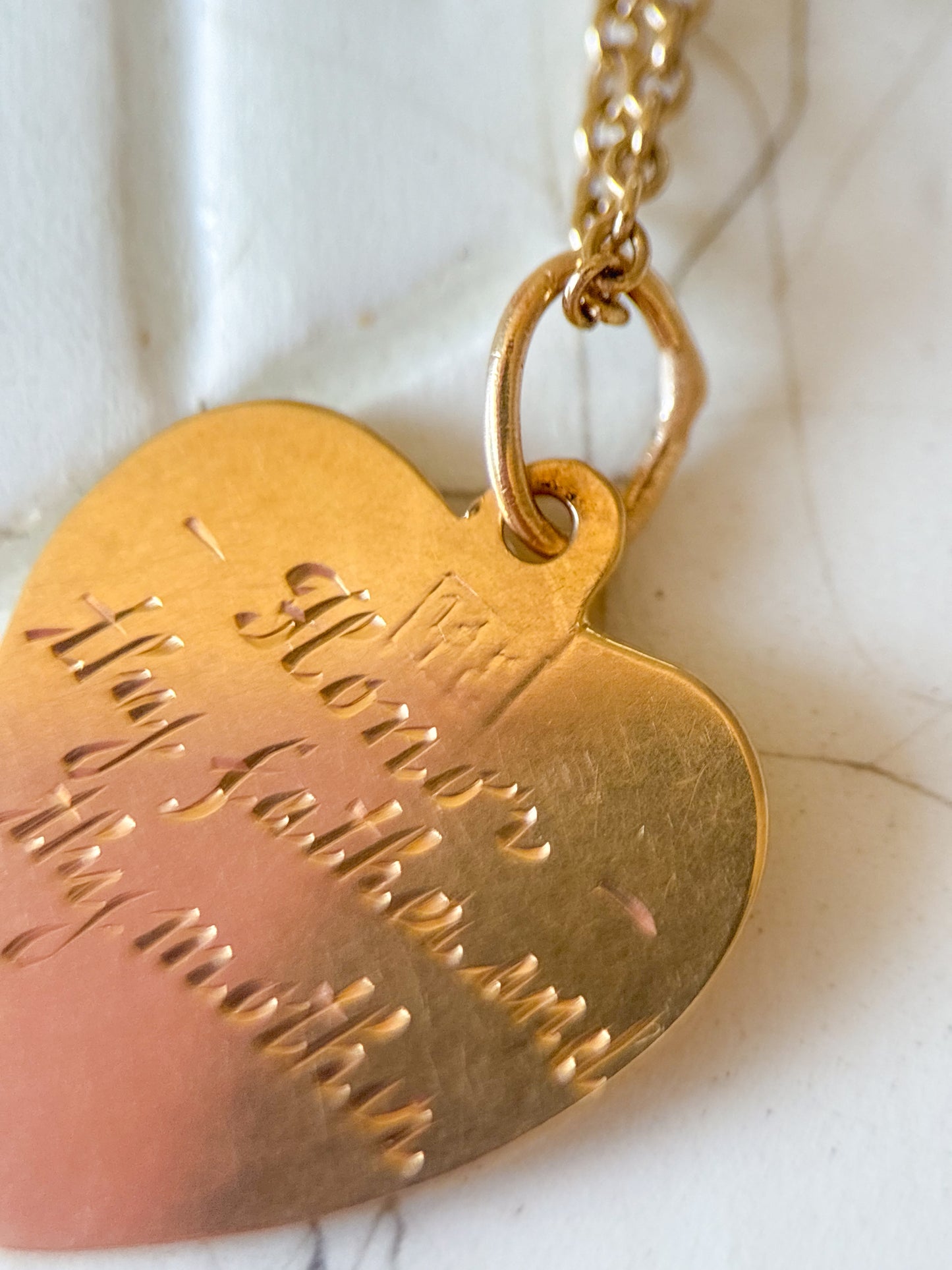 Vintage Engine Turned Heart 14k Yellow Gold Charm, Engraved: "Honor Thy Father and Thy Mother"