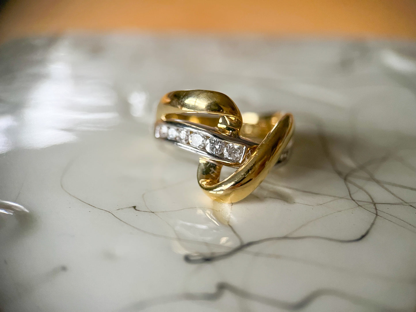 Vintage Natural Diamond Two Toned 18k White and Yellow Gold Ring