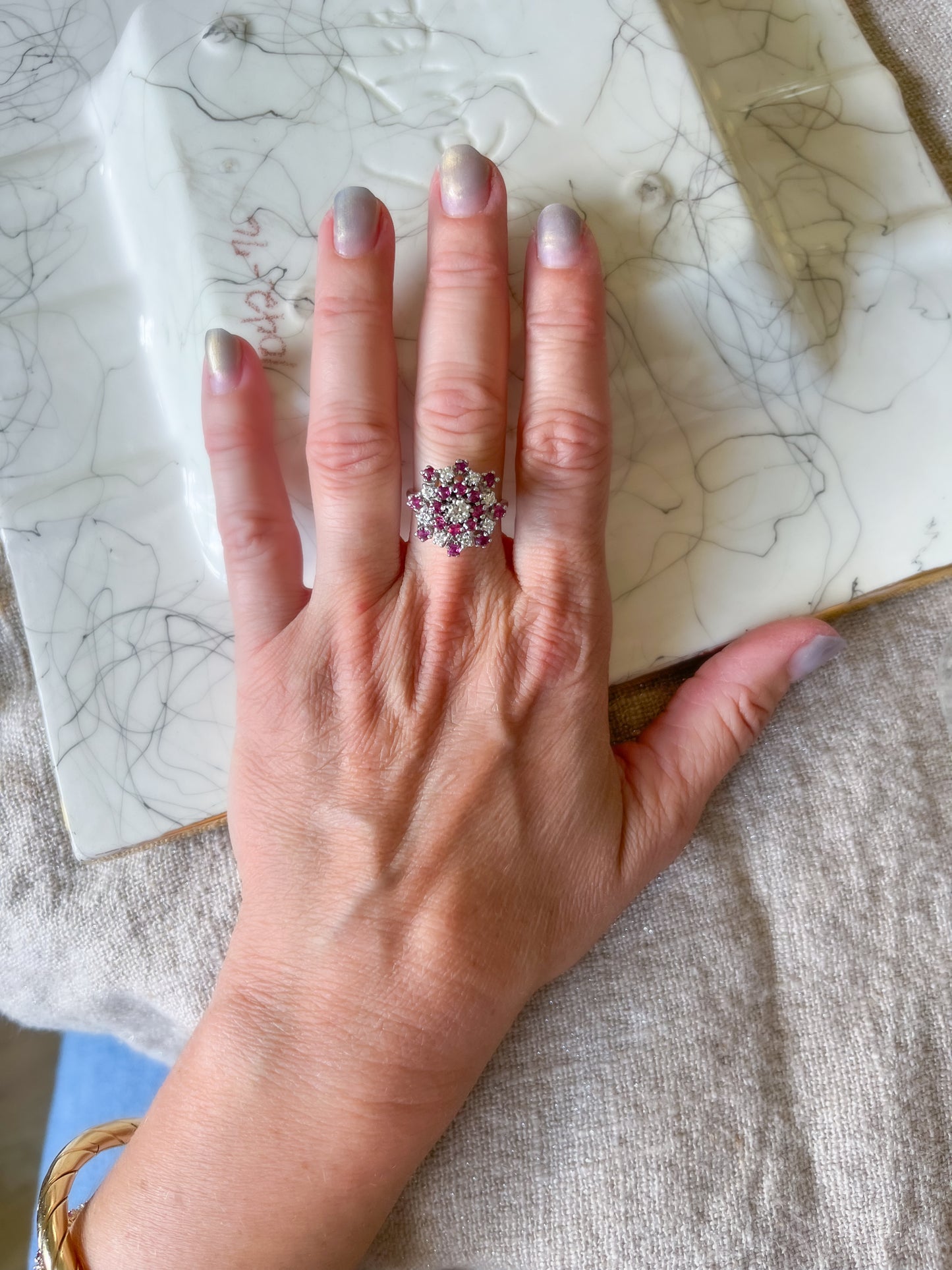 Vintage Natural Ruby and Diamonds 14k White Gold Statement Ring