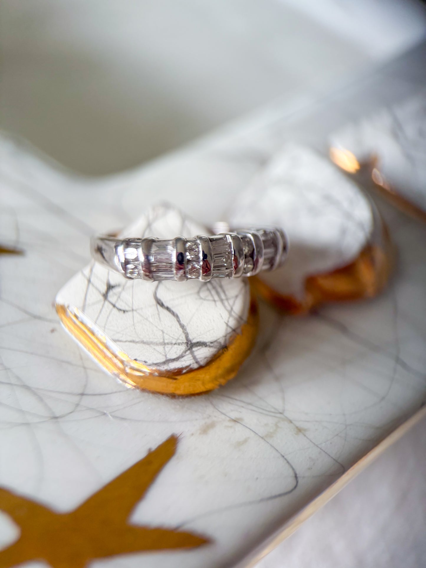 Vintage Natural Round and Baguette Diamond 14k White Gold Half Band Ring