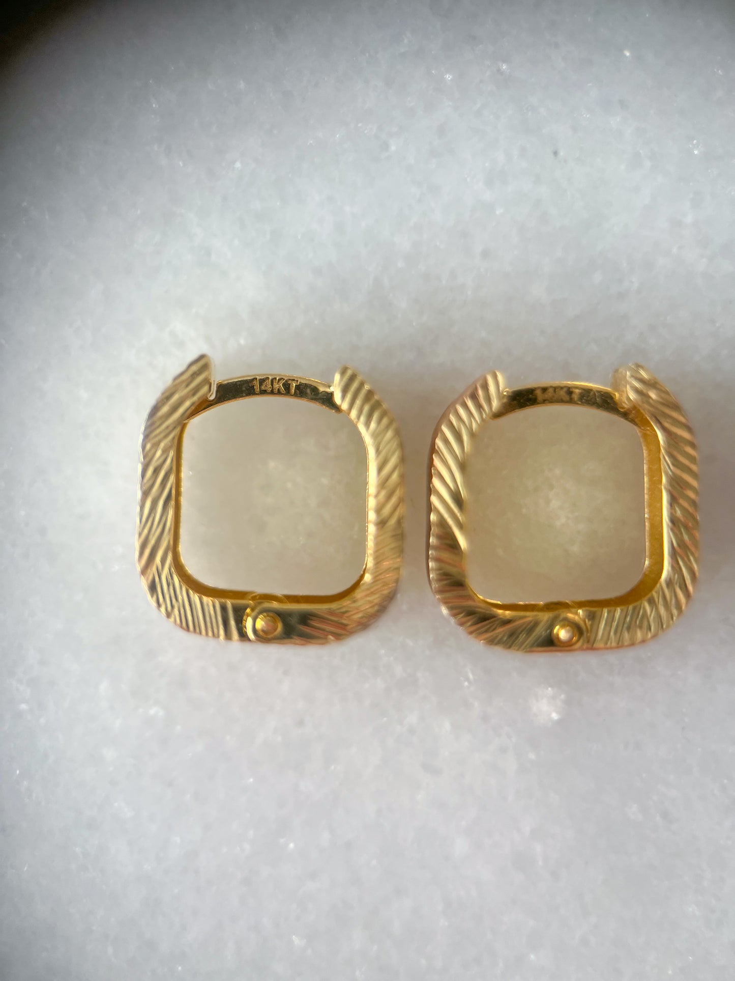 14k Tri Color Yellow, White and Rose Gold Squared Huggies