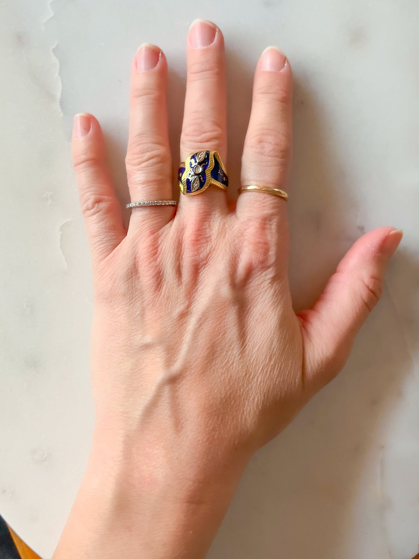 Vintage Enamel and Natural Diamond 18k Yellow Gold Italian Ring