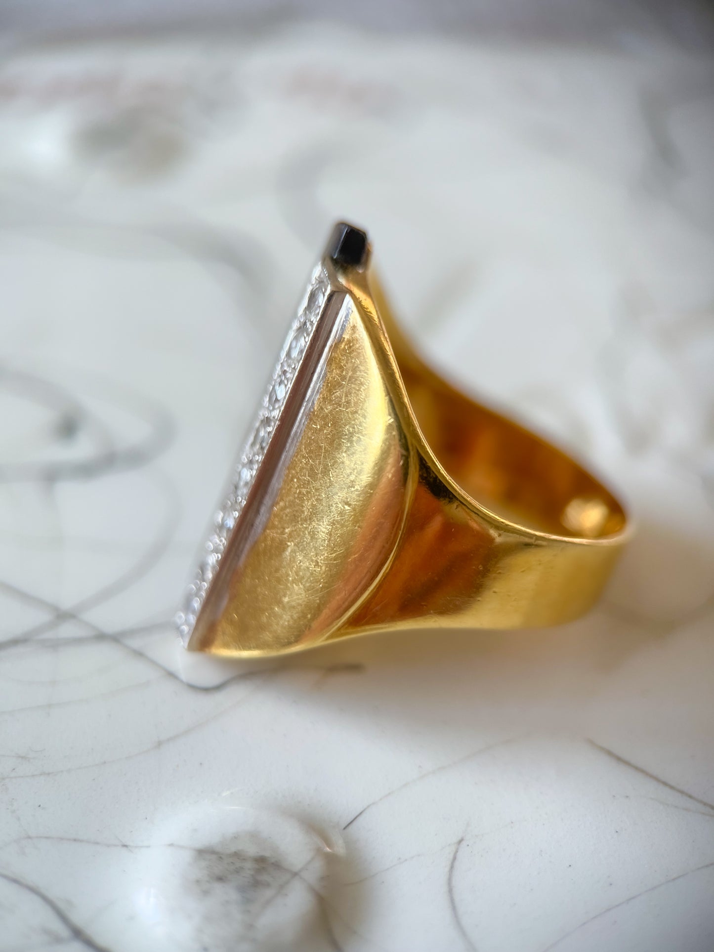 Vintage Onyx and Natural Diamond 18k White and Yellow Gold Ring, circa 1960s