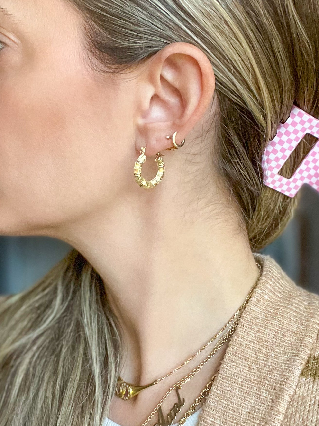 Bamboo Chunky 10k Yellow Gold Hoop Earrings