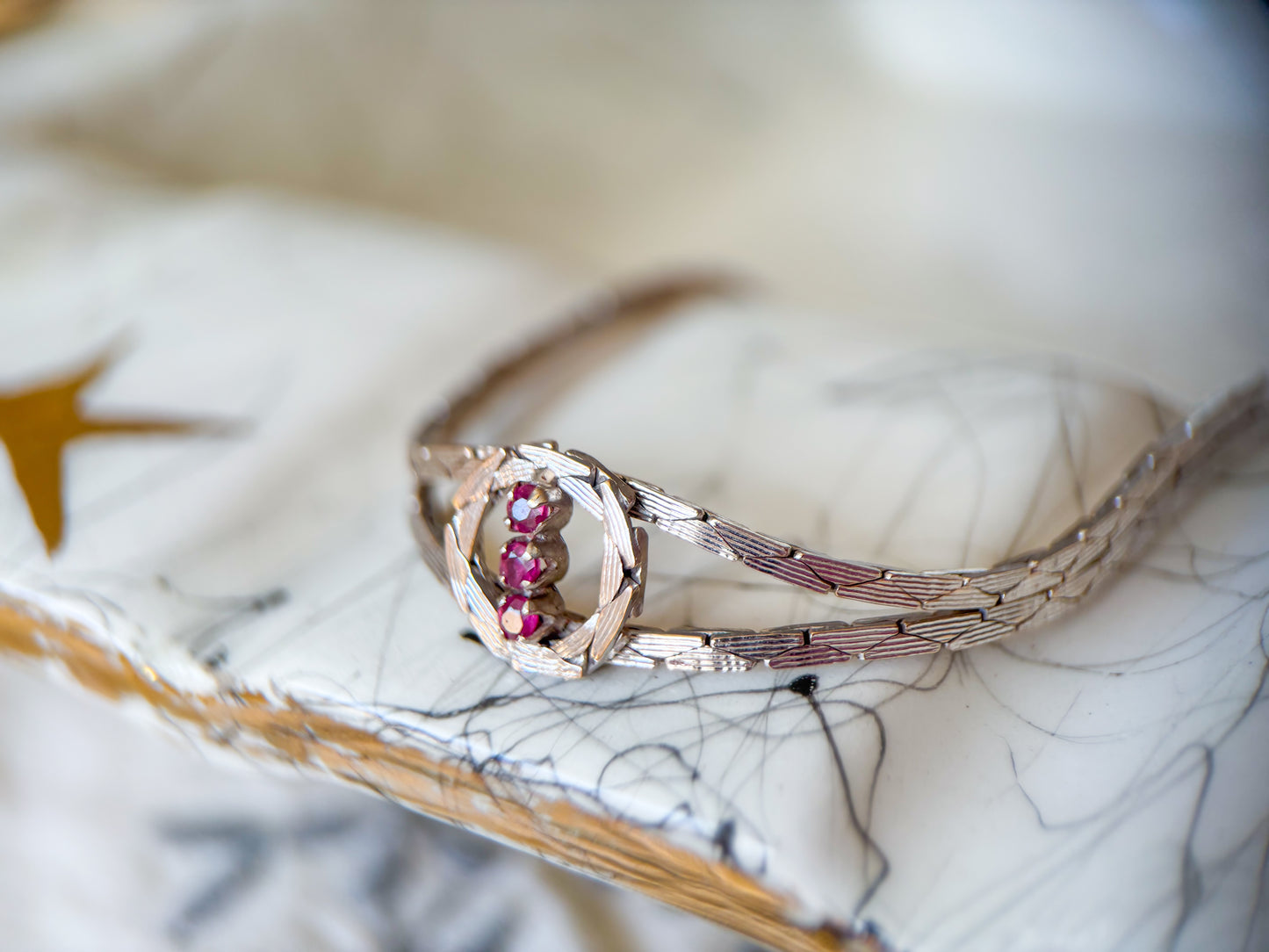 Vintage Natural Ruby 14k White Gold 7 Inch Cobra Chain Bracelet