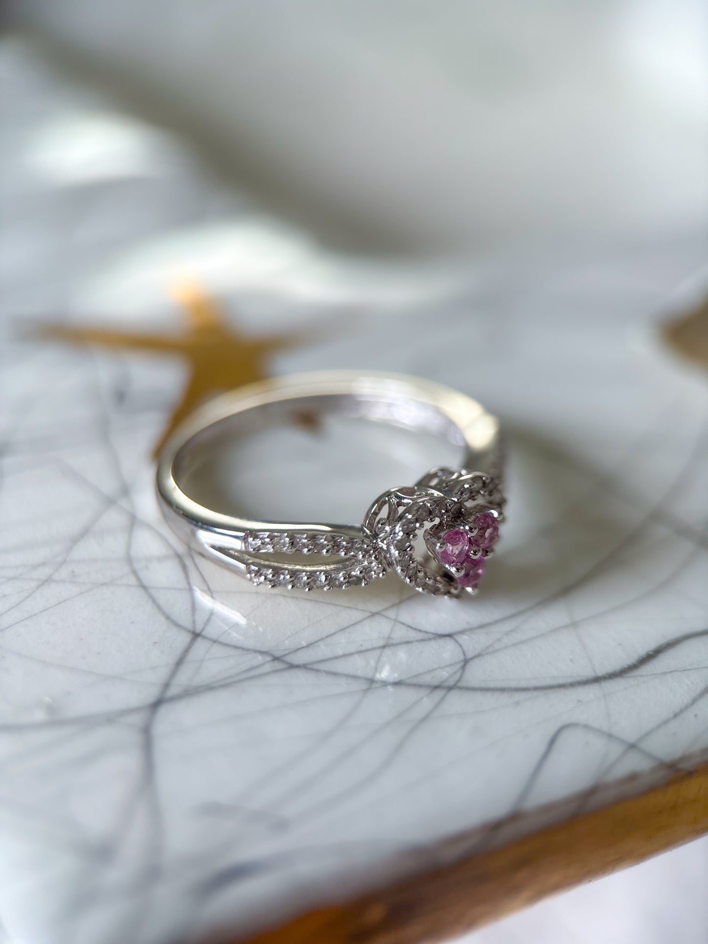 Vintage Natural Diamond and Synthetic Pink Topaz Heart 14k White Gold Ring