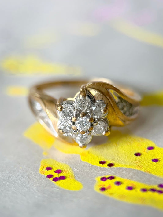 Vintage Natural Diamond Flower 10k Yellow Gold Ring