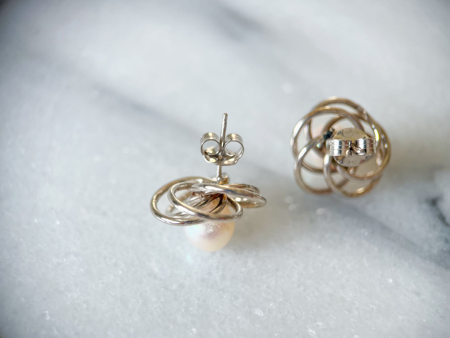 Vintage Pearl and Knot 14k White Gold Stud Earrings