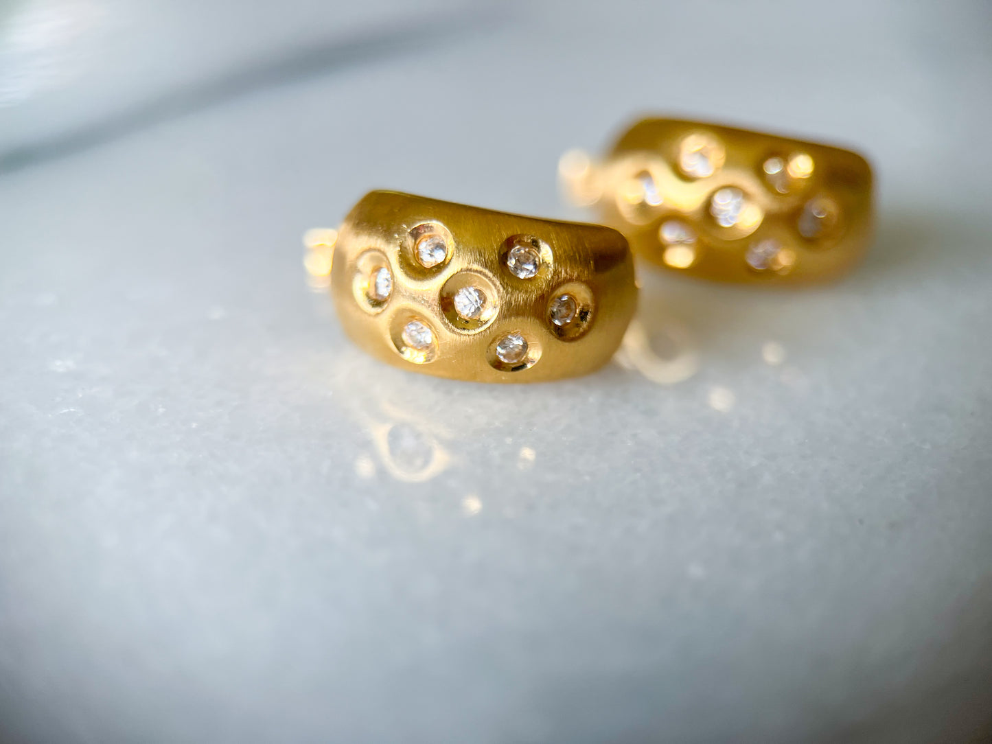 Vintage 14k Yellow Gold Matte Half Hoops with CZ Earrings