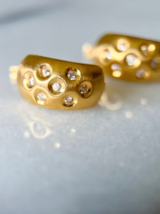 Vintage 14k Yellow Gold Matte Half Hoops with CZ Earrings