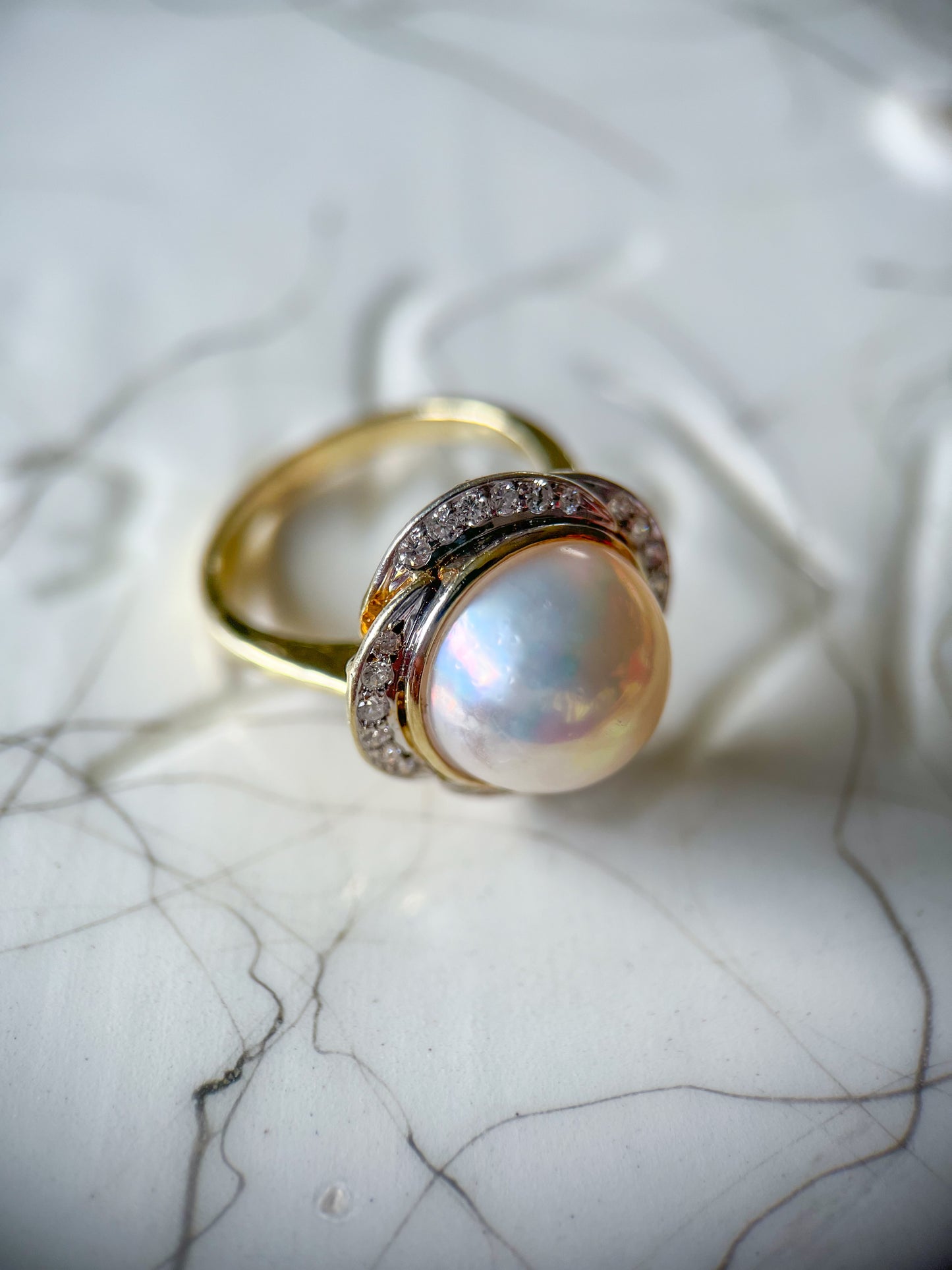 Vintage Pearl and Natural Diamond 14k Yellow Gold Statement Ring