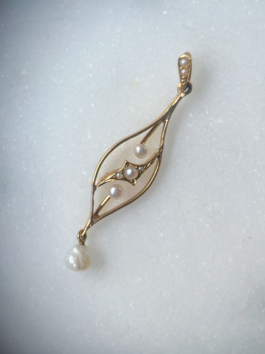 Vintage Art Nouveau Pearl 15k Yellow Gold Pendant