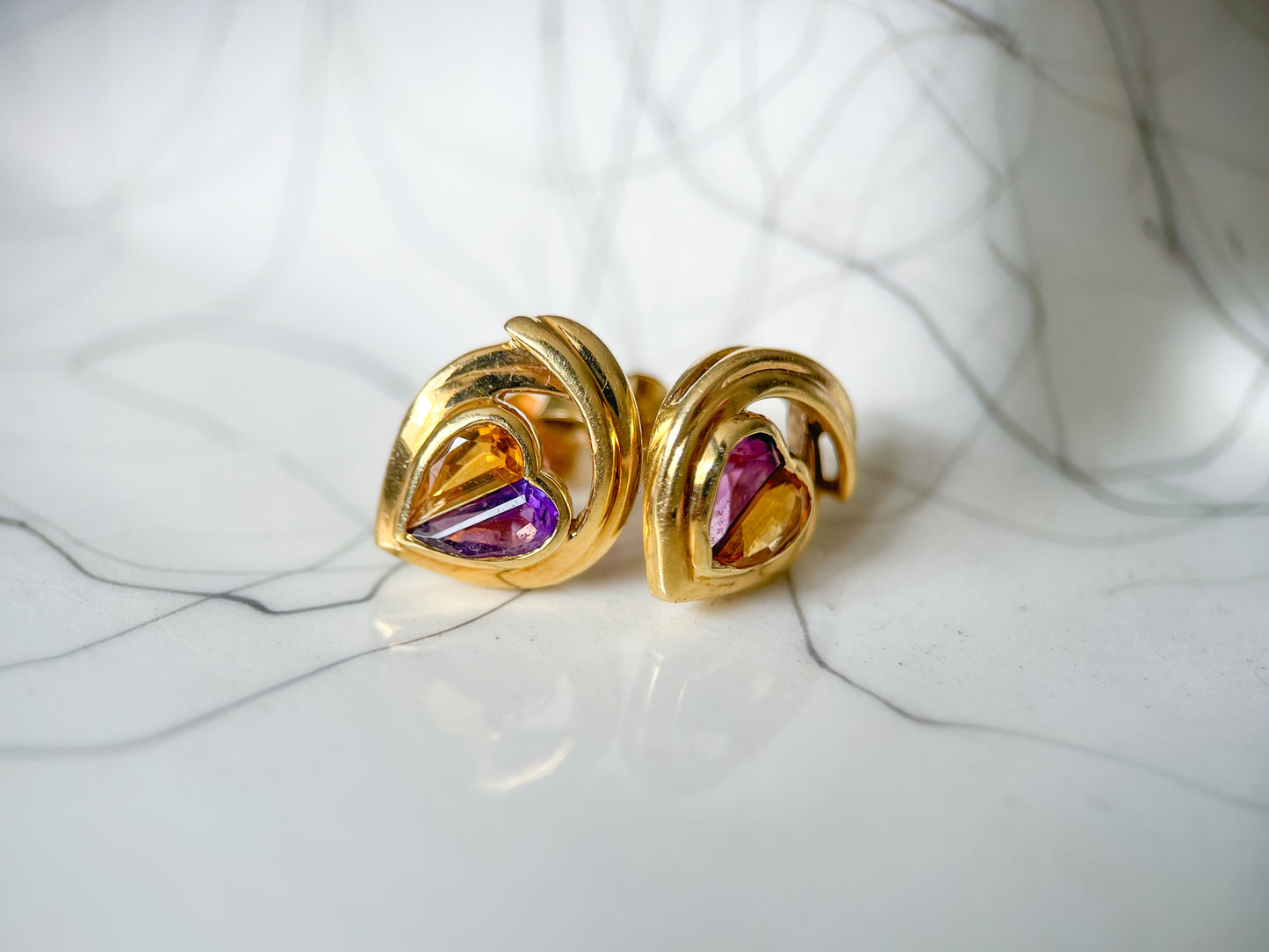 Vintage Natural Amethyst and Natural Citrine Heart Shaped Stud Earrings, circa 1990s