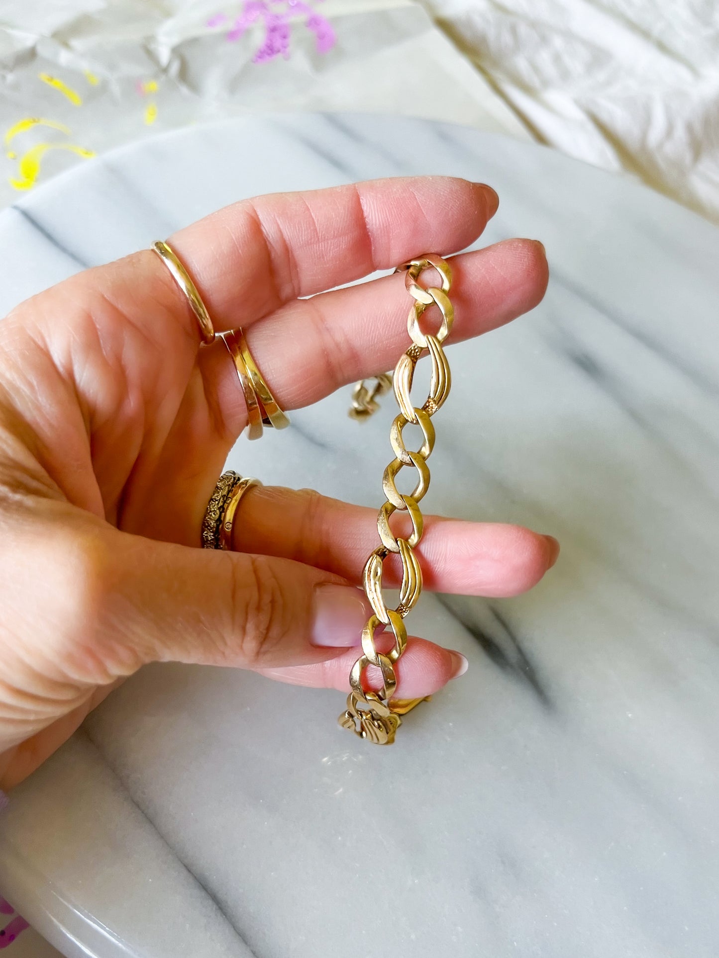 Vintage 14k Yellow Gold Curb Chain Open Link 8 Inch Bracelet