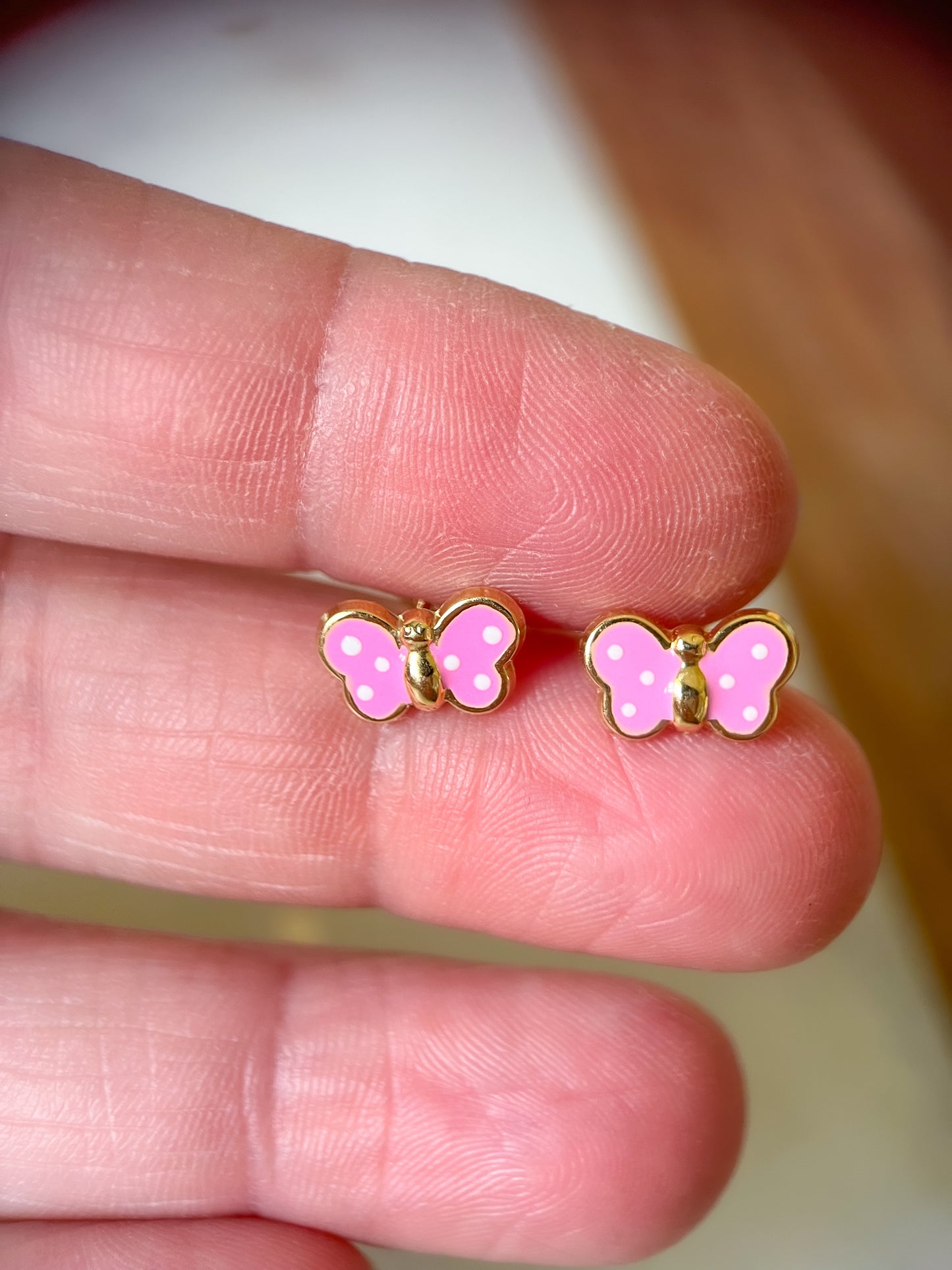 Mini 14k Yellow Gold Pink Butterfly Stud Earrings
