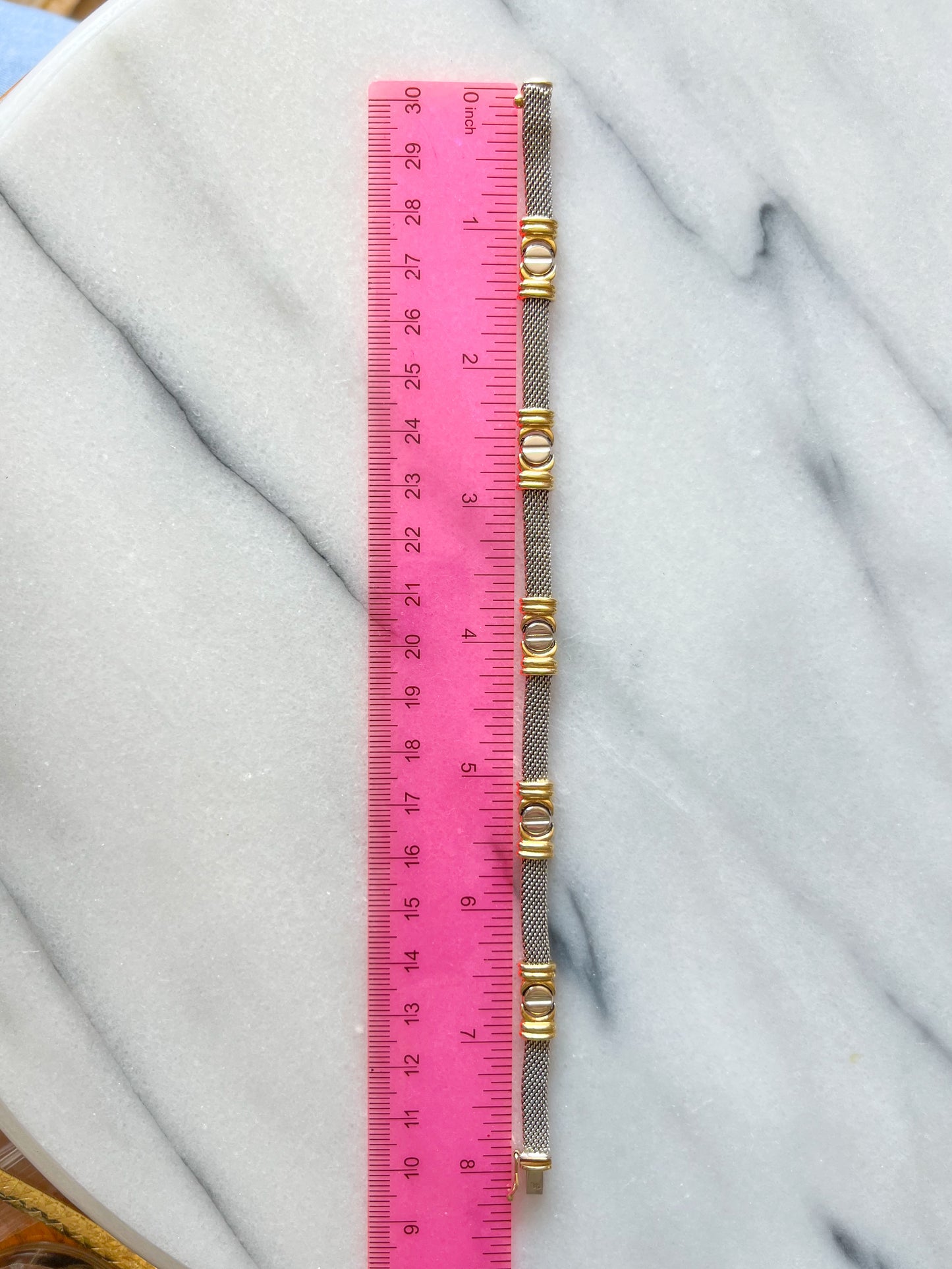 Vintage Mesh Two Toned with Screw Accents 14k White and Yellow Gold 8 Inch Bracelet