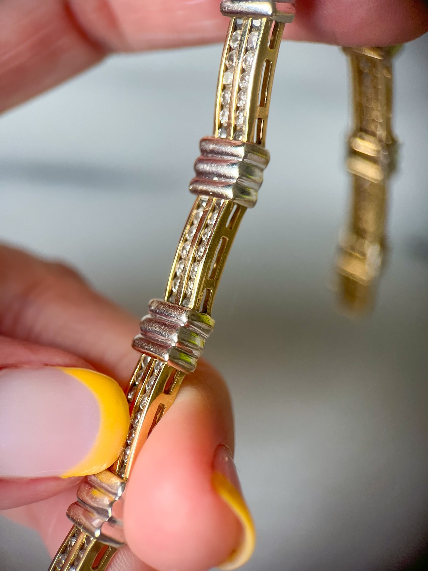 Vintage Chunky Natural Diamond Two Toned 14k White and Yellow Gold 7 Inch Bracelet