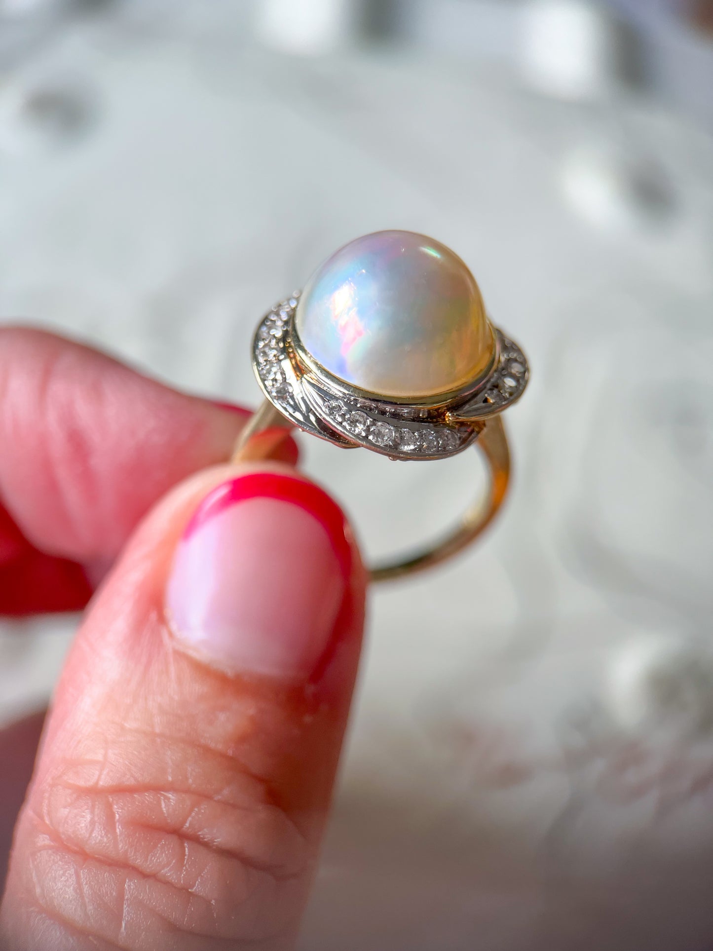 Vintage Pearl and Natural Diamond 14k Yellow Gold Statement Ring