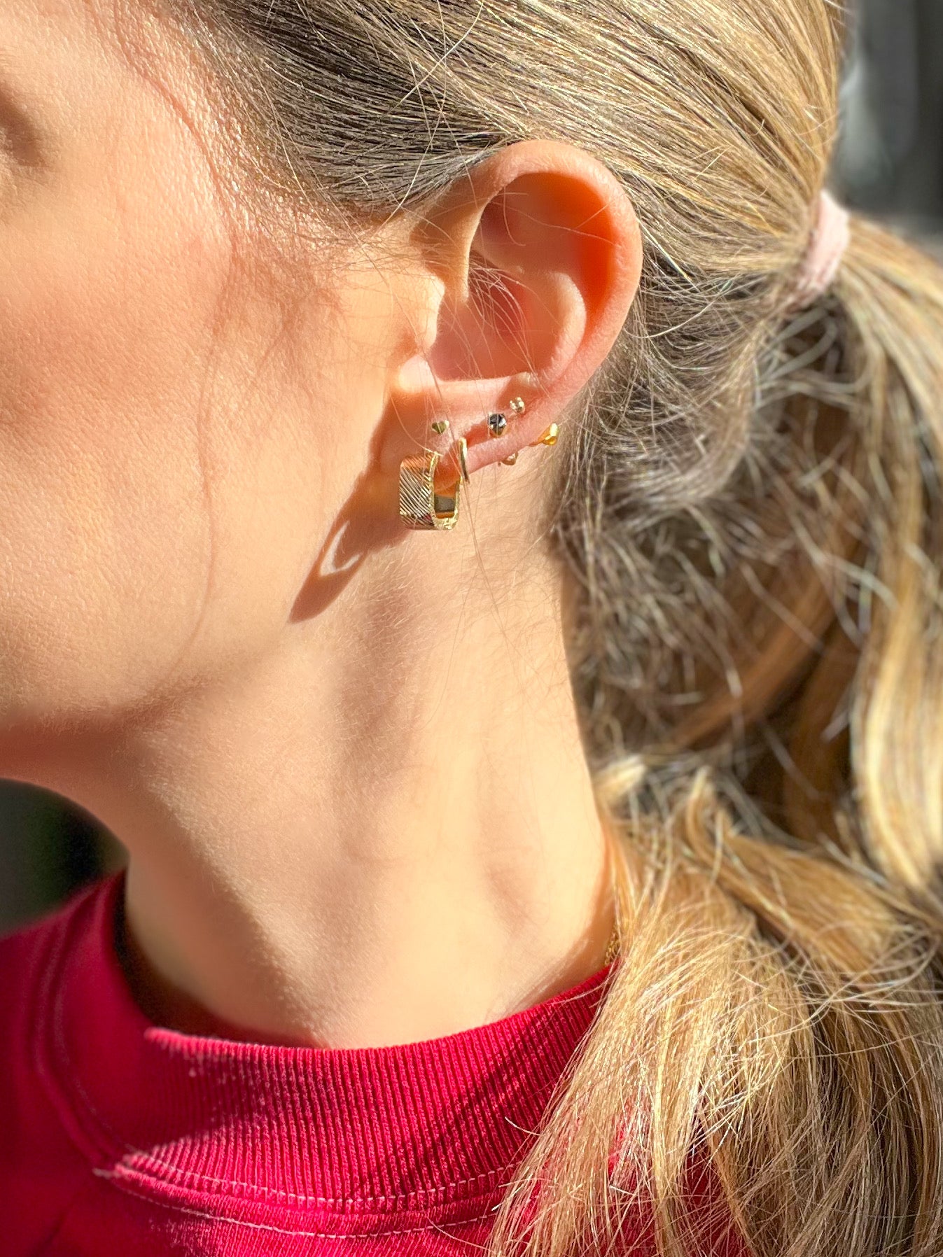 14k Tri Color Yellow, White and Rose Gold Squared Huggies