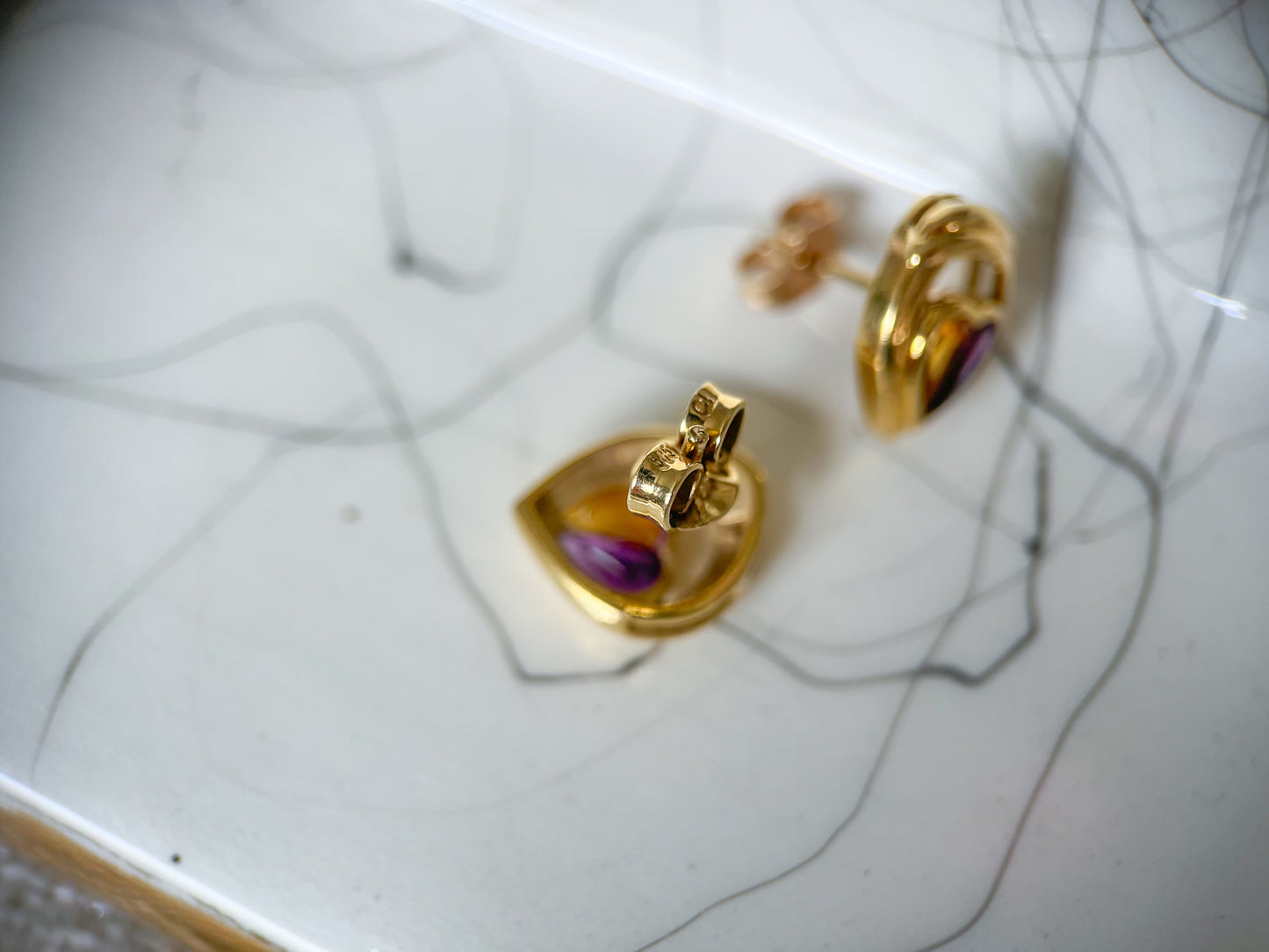 Vintage Natural Amethyst and Natural Citrine Heart Shaped Stud Earrings, circa 1990s