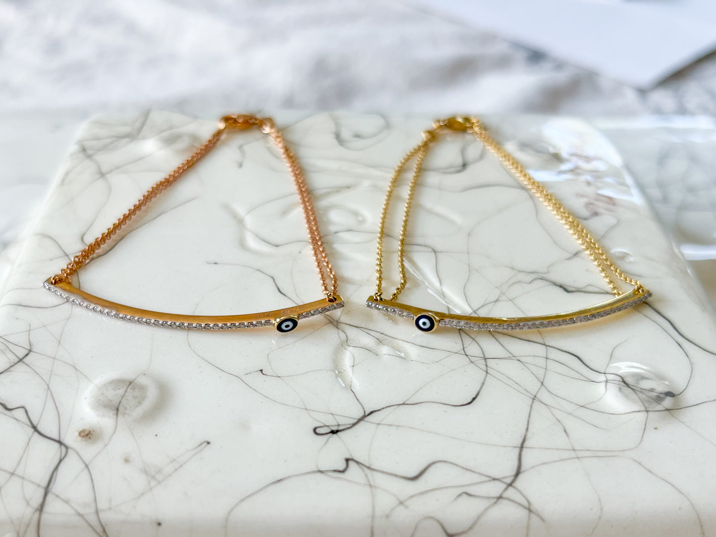18k Yellow Gold and Rose Gold Natural Diamond Evil Eye Chain 7 Inch Bracelets