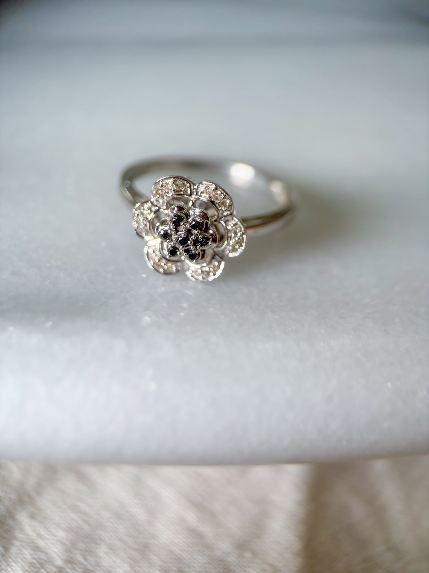 Vintage Natural Black Diamond Flower 14k White Gold Ring
