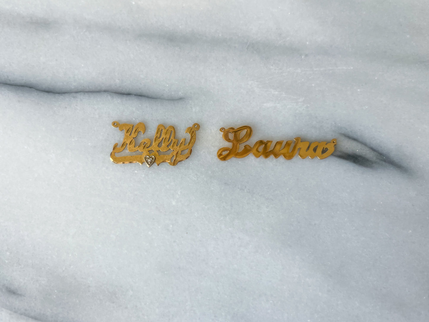 Vintage Name Plates "Kelly" & "Laura" (without chain), 14k Yellow Gold Charms