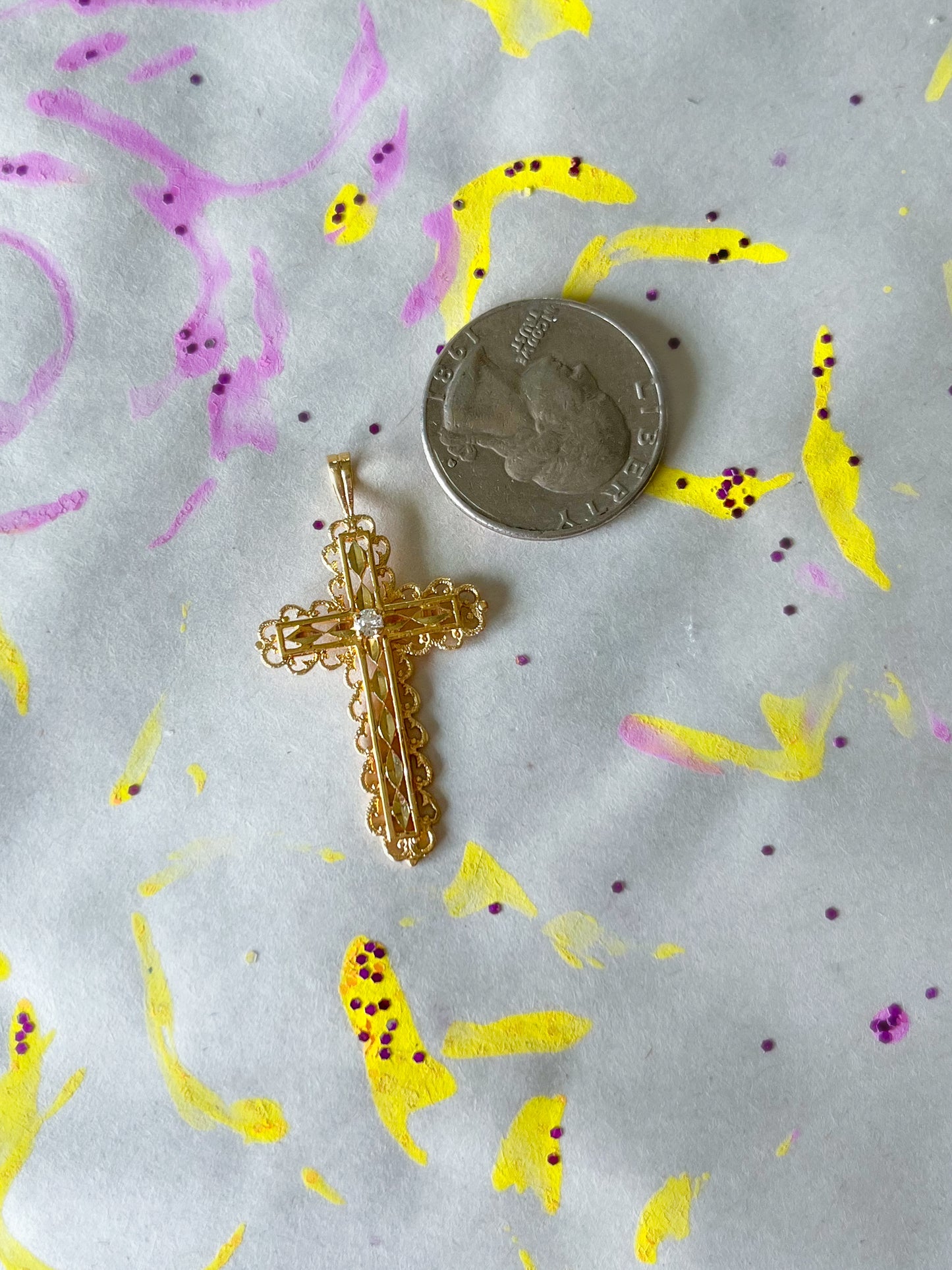 Vintage Natural Diamond Cross 14k Yellow Gold Charm