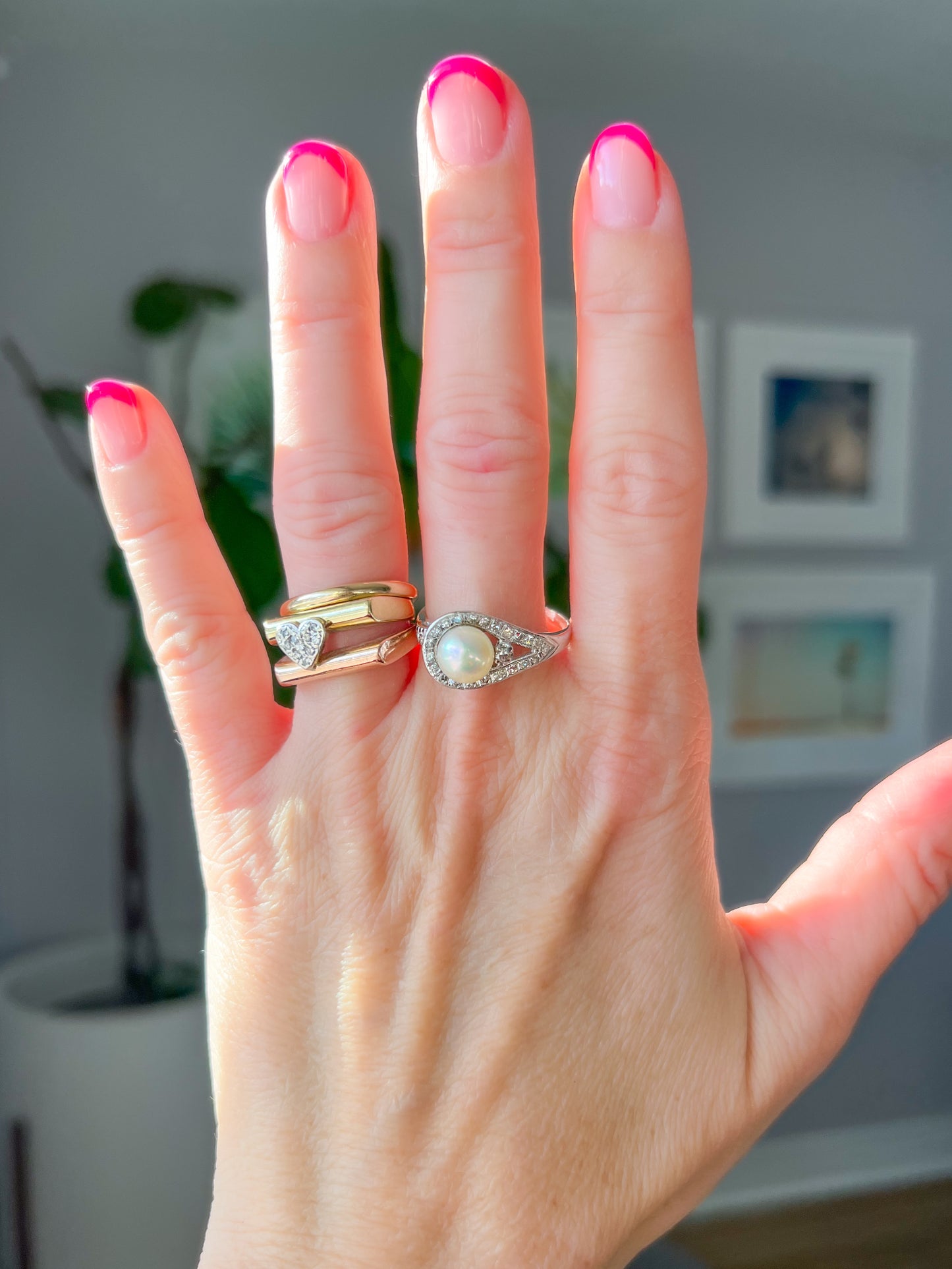Vintage Natural Pearl and Natural Diamond 14k White Gold Statement Ring